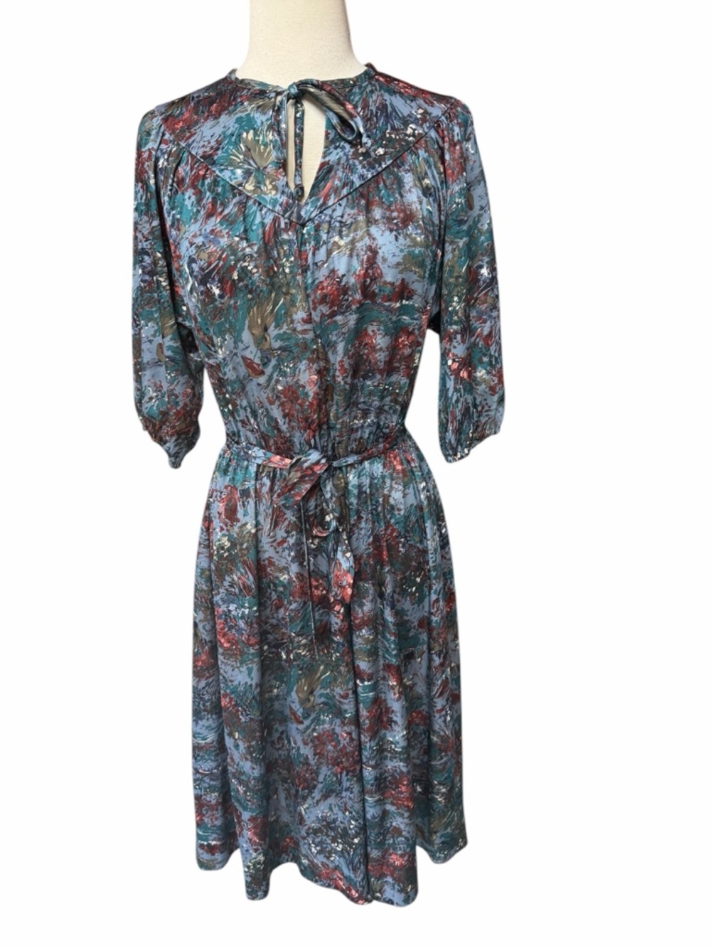 1970s/80s Floral Blouson-Style Poly Secretary Dress w/Matching Belt